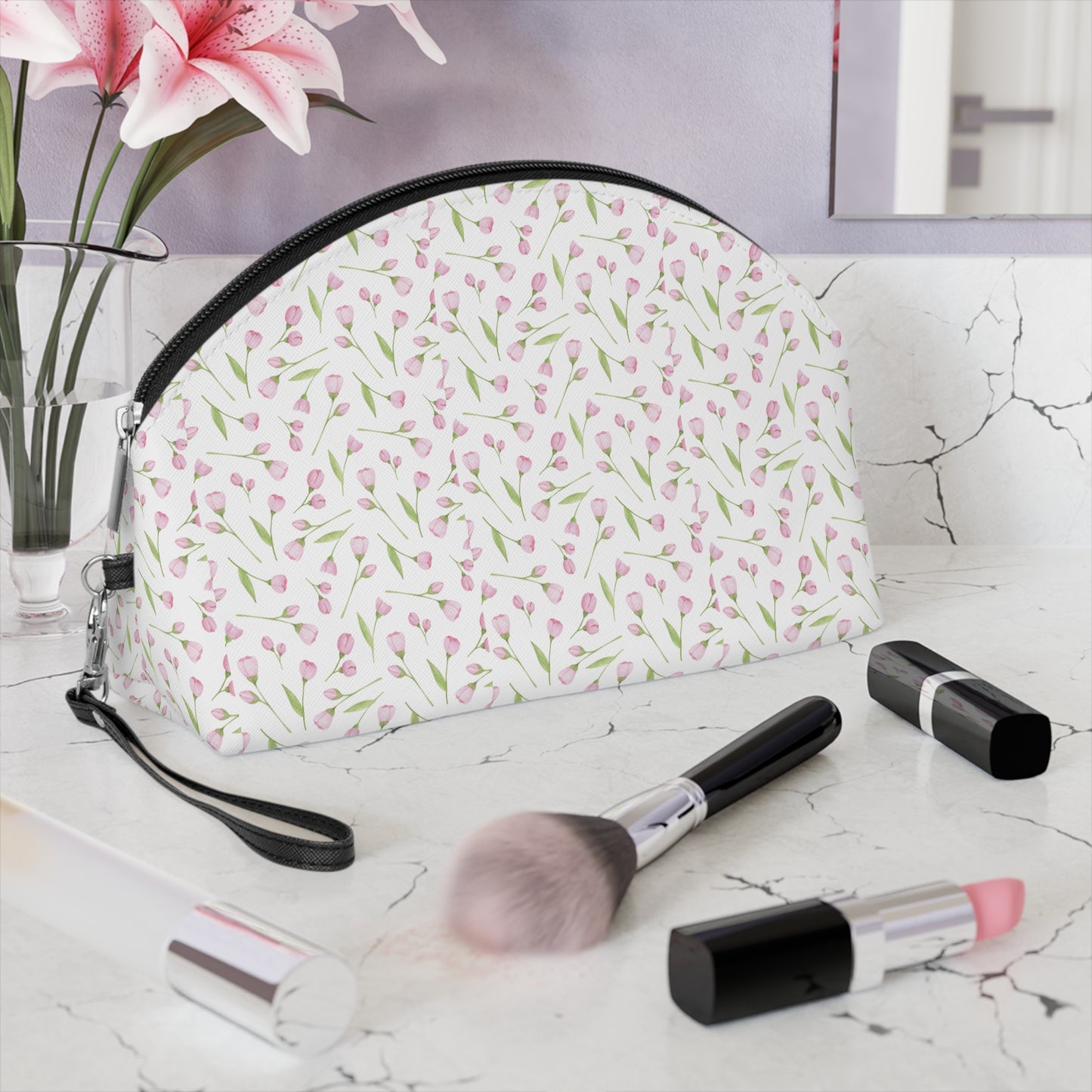 Pink Tulip Floral Makeup Bag